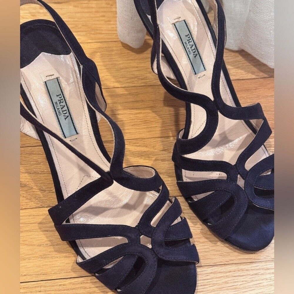 Prada‎  Navy Blue Suede Strappy Cut out Heel Sandal Size 37 - Picture 3 of 8